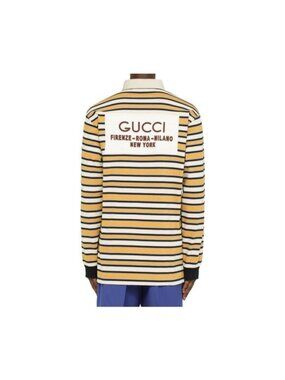 NWT GUCCI Polo Shirt Stripe Rugby Sz L Cotton Yellow Border 758531